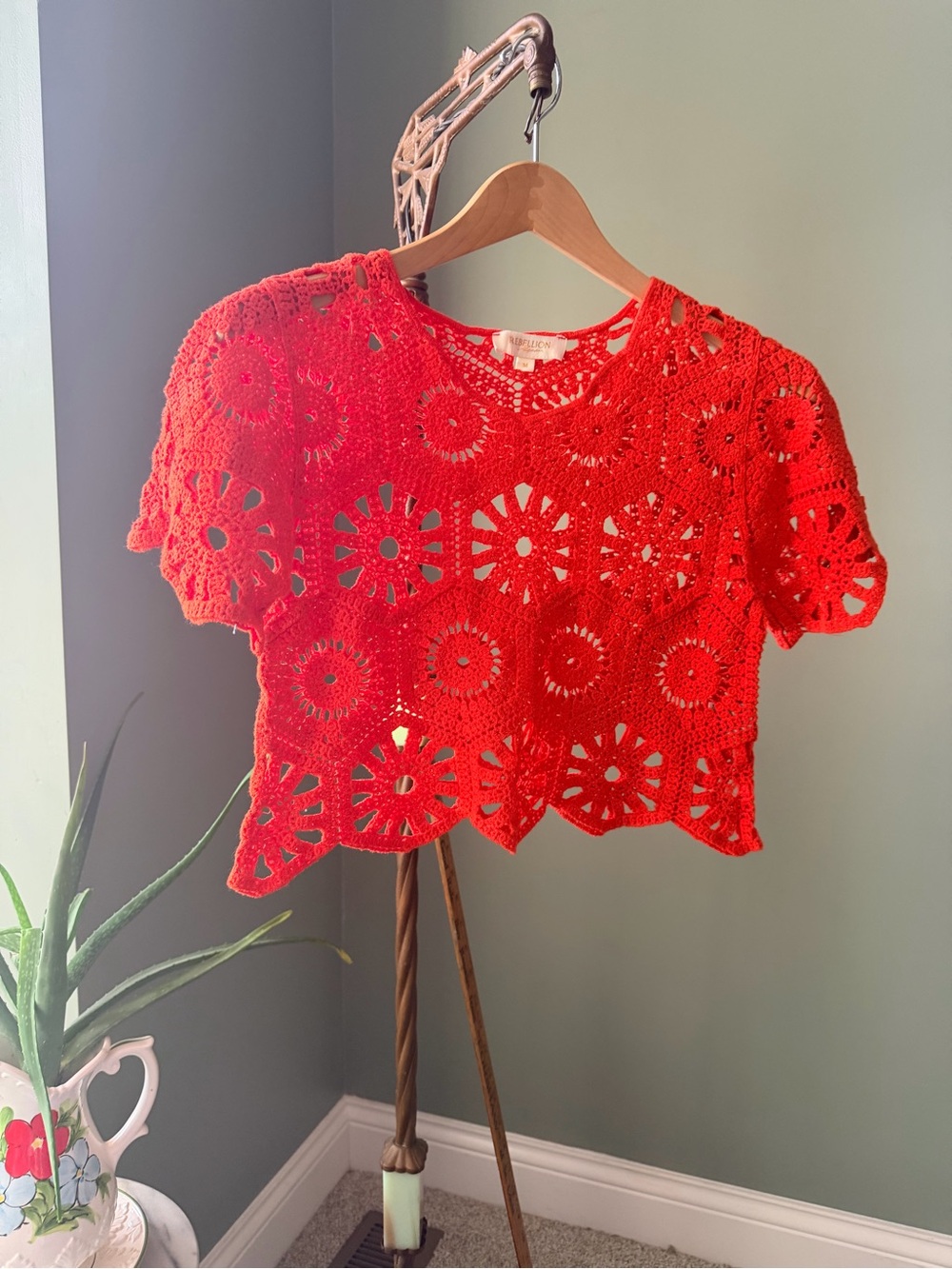 Rebellion M Red Orange Crochet Granny Square Crop Top Boho Festival